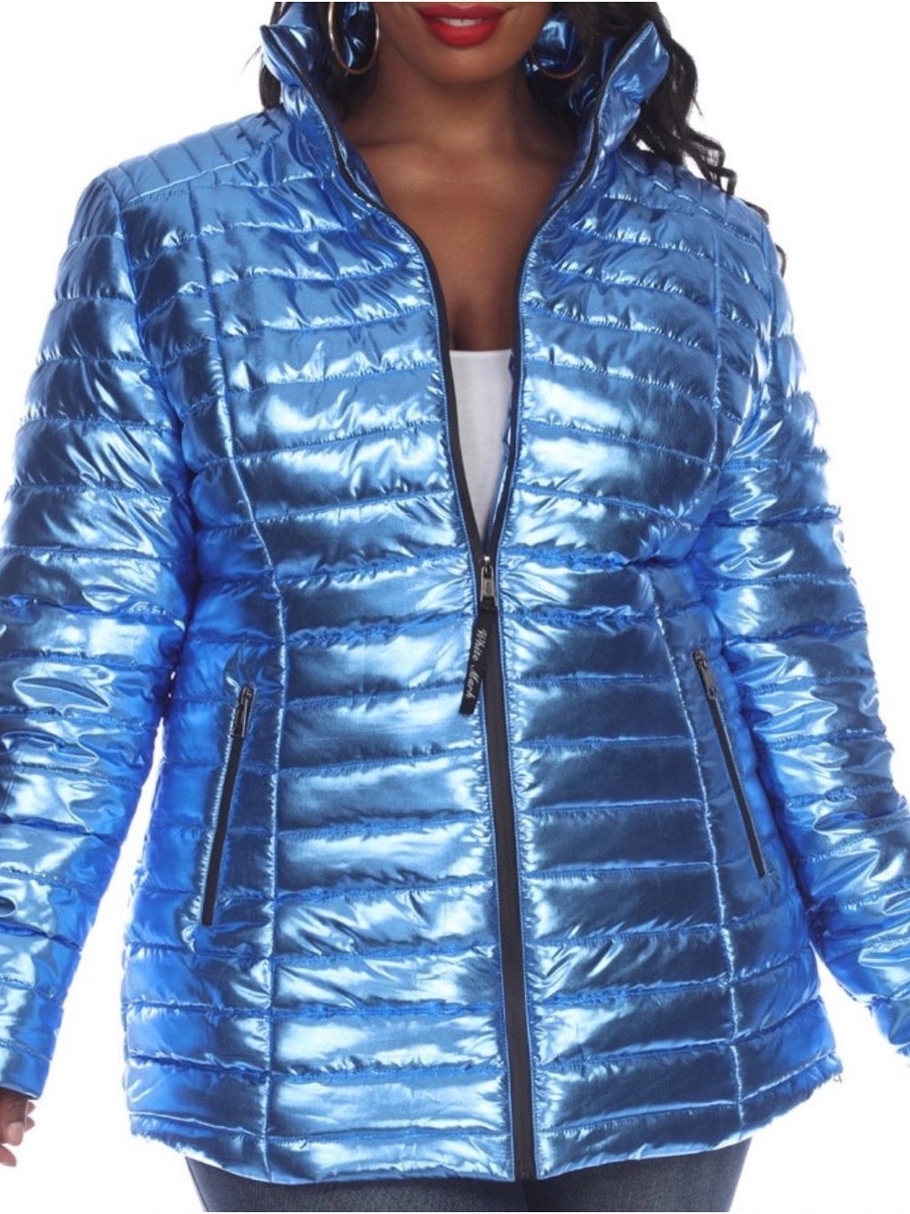 White Mark Shiny Electric Blue Quilted Puffer Jacket